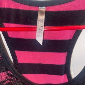Hot Pink and Black lace striped Racerback style shirt .